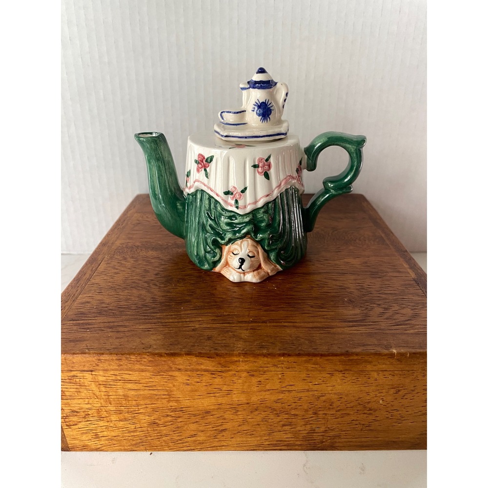 Vintage Tiny Teapot Sleeping Dog Under Tablecloth Floral Tea Set Lid Shelf Decir